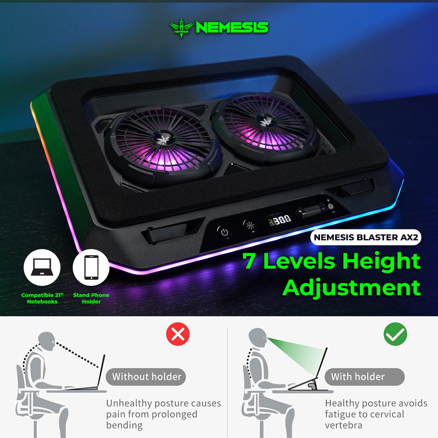 Nemesis Coolingpad Blaster AX2 RGB Dual Turbo 3000RPM with Digital Display NC-NAX2