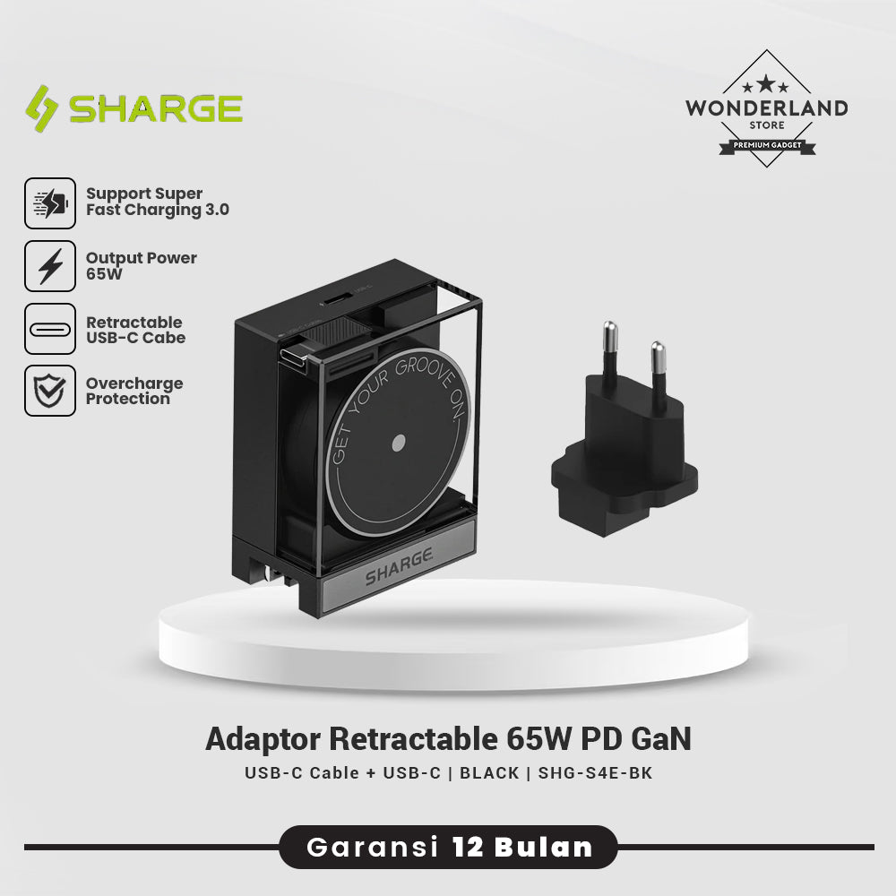 Sharge Adaptor 65W Retractable Cable Dual Port USB-C GaN PPS3.0 PD 2.0 SFC Fast Charging