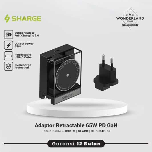 Sharge Adaptor 65W Retractable Cable Dual Port USB-C GaN PPS3.0 PD 2.0 SFC Fast Charging