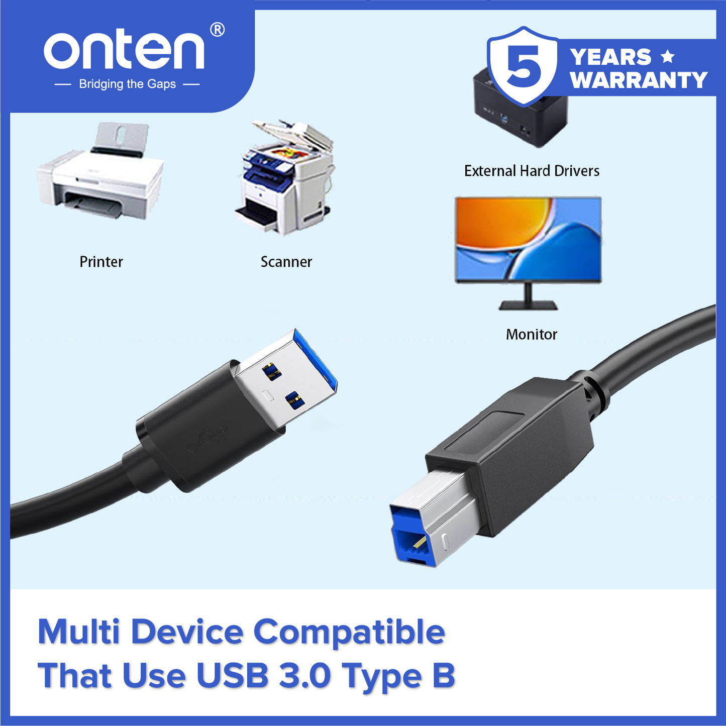 Onten Kabel Printer USB 3.0 Type B Printer Cable 1.8 Meter High Speed OTN-US106