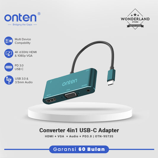 Onten Adapter USB-C 4in1 to HDMI 4K @60Hz VGA 1080P Audio PD USB HUB OTN-9573S