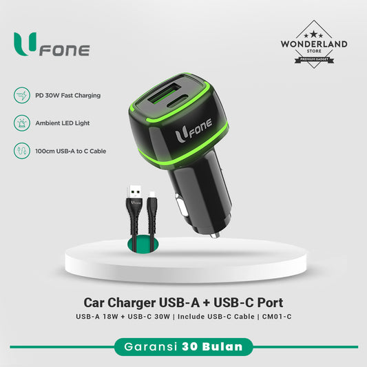 Ufone Car Charger USB-C 30W + USB-A 18W 48W Fast Charging PD PPS CM01-C