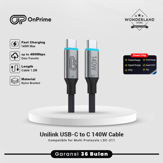 OnPrime UniLink USB-C to C 140W Cable Support Turbo/Hyper/Flash Charge, Super VOOC, PD PPS