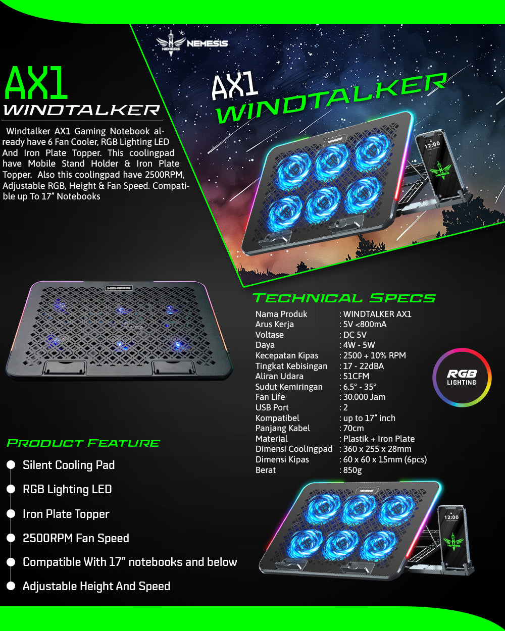 NYK Nemesis Cooling Pad Plat Topper 6 Fan RGB with Phone Holder Nemesis Windtalker AX1