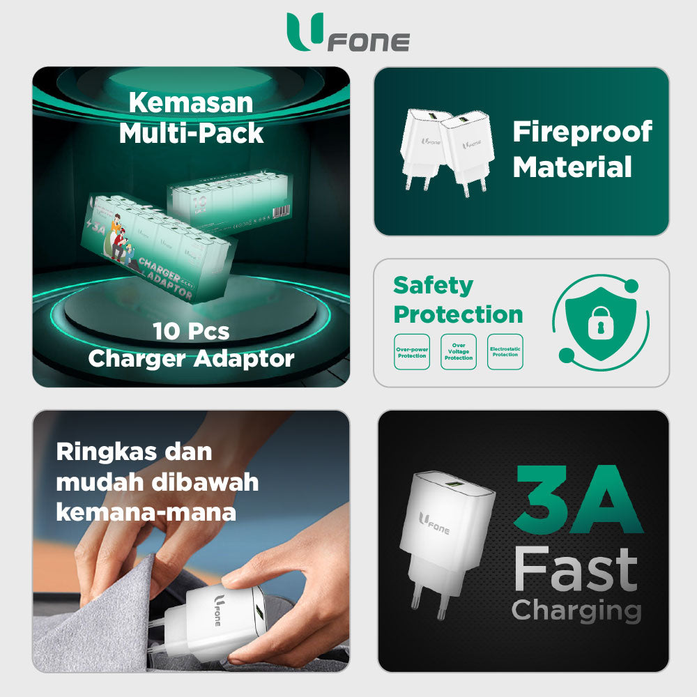 U1me x Ufone Adaptor Charger 3A 18W USB-A Fast Charging Support VOOC