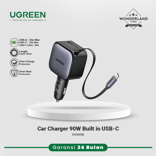 Ugreen Car Charger 90W Built in USB-C Retractable Cable Fast Charging 55909B