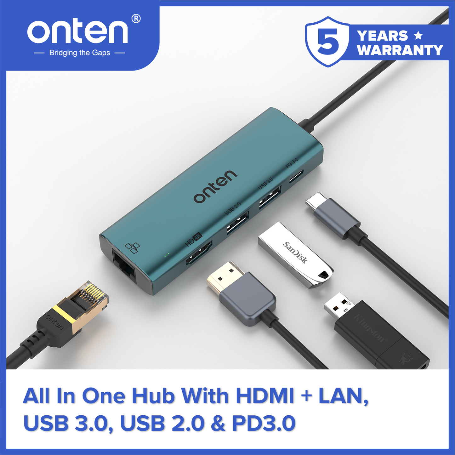 Onten Converter USB-C Hub 5in1 to LAN RJ45 HDMI USB 3.0 USB 2.0 PD 3.0 OTN-UC125