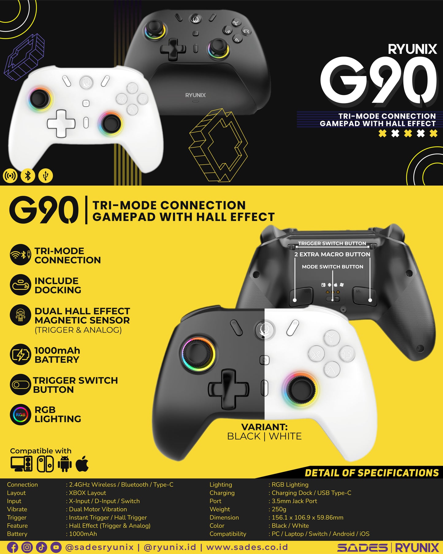 Sades Ryunix G90 Gamepad Hall Effect Tri Mode Gaming Controller