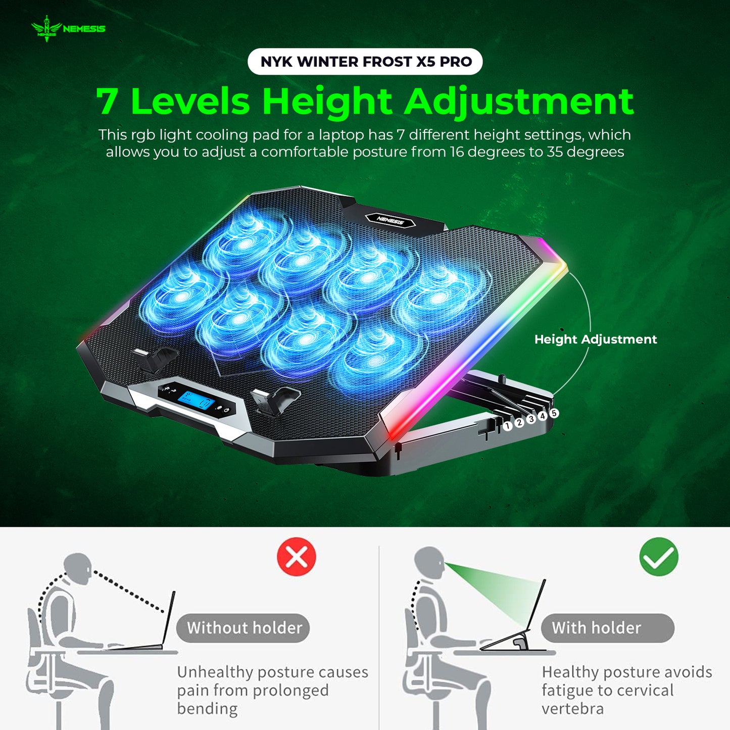 NYK Nemesis Winter Frost X5 Pro Coolingpad 8 Fan RGB with Phone Holder