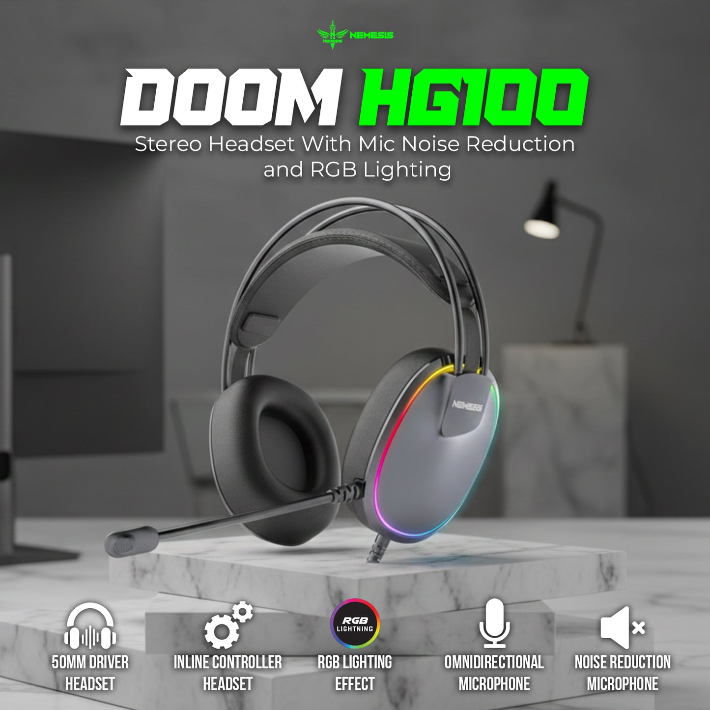 Nemesis DOOM HG100 Headset Gaming 7.1 Virtual Surround RGB Ultra-Lightweight with Microphone