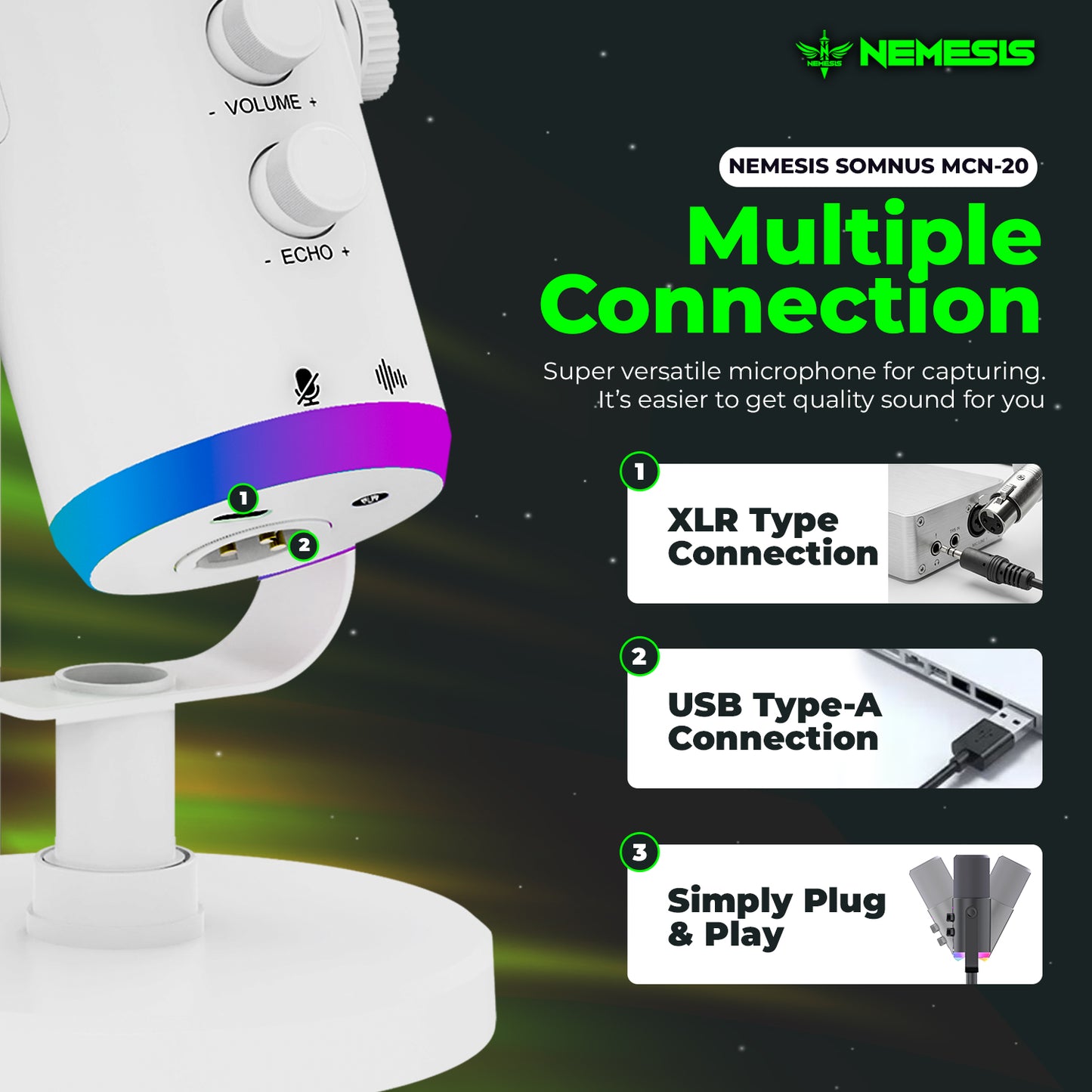 Nemesis Somnus MCN-20 Microphone Condenser 2in1 Connection RGB with Noise Cancelling