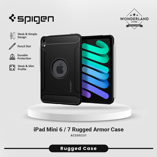 Spigen Case iPad Mini 7 / 6 8.3 inch 2024 Spigen Rugged Armor TPU Carbon Anti Shock Crack Slim Cover Casing