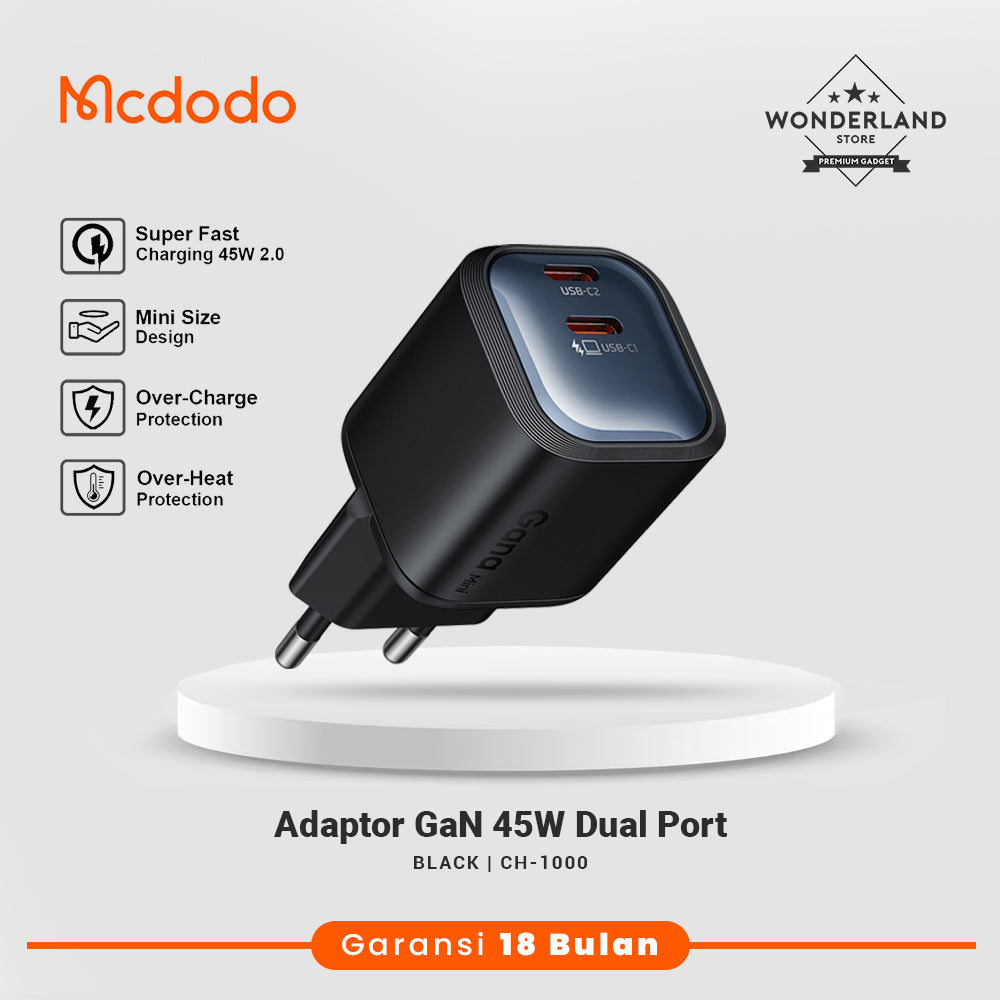 Mcdodo Adaptor GaN Charger Mini 45W USB-C SFC2.0 PPS2.0 Super Fast Charging PD