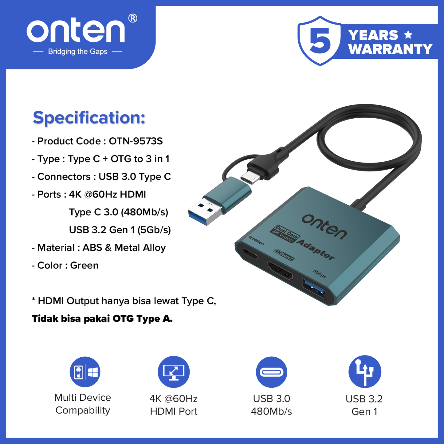 Onten Converter Fast 3in1 Dual USB 4K HDMI Adapter USB 3.0 USB 3.2 Gen 1 OTN-UCA303