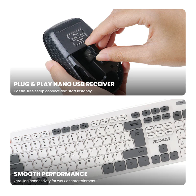 Rexus KM8 Keyboard Mouse Wireless Combo Silent Click Full Size 2.4Ghz Nano Receiver