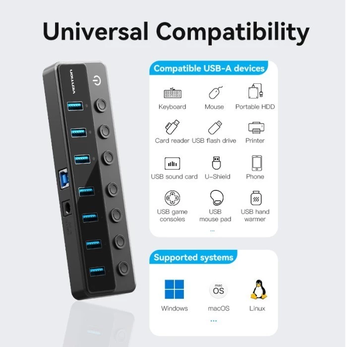 Vention Hub 8 in 1 3.0 Individual Power Switches Led & DC 5.5mm Power Adapter - CHX