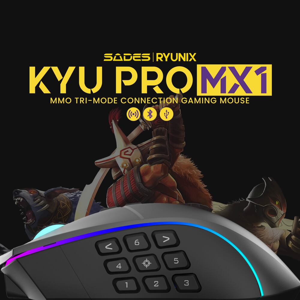 Sades Ryunix Kyu Pro MX1 Mouse Gaming Wireless Bluetooth MMO MOBA Detachable Side Tri Mode Connection