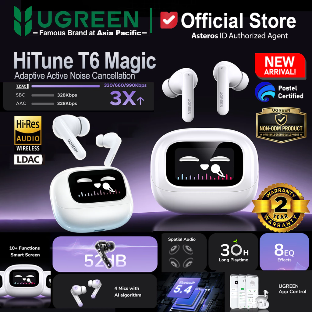 Ugreen HiTune T6 Magic EchoBuds TWS Earphone Wireless Bluetooth 5.4 ANC with Fun Smart Display LDAC HiRes