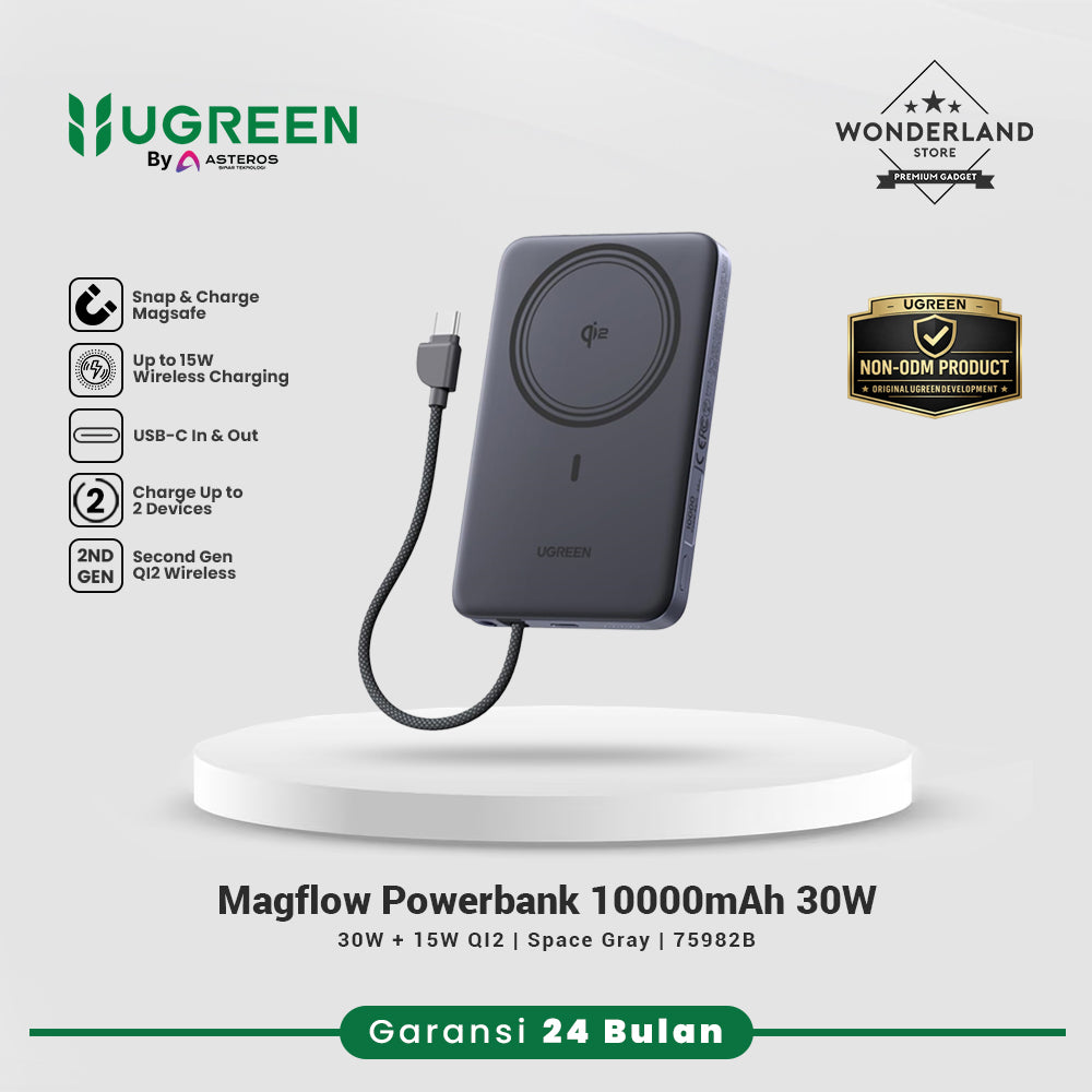 Ugreen Magflow Powerbank Qi2 15W + 30W Built in USB-C Cable PD PPS SFC