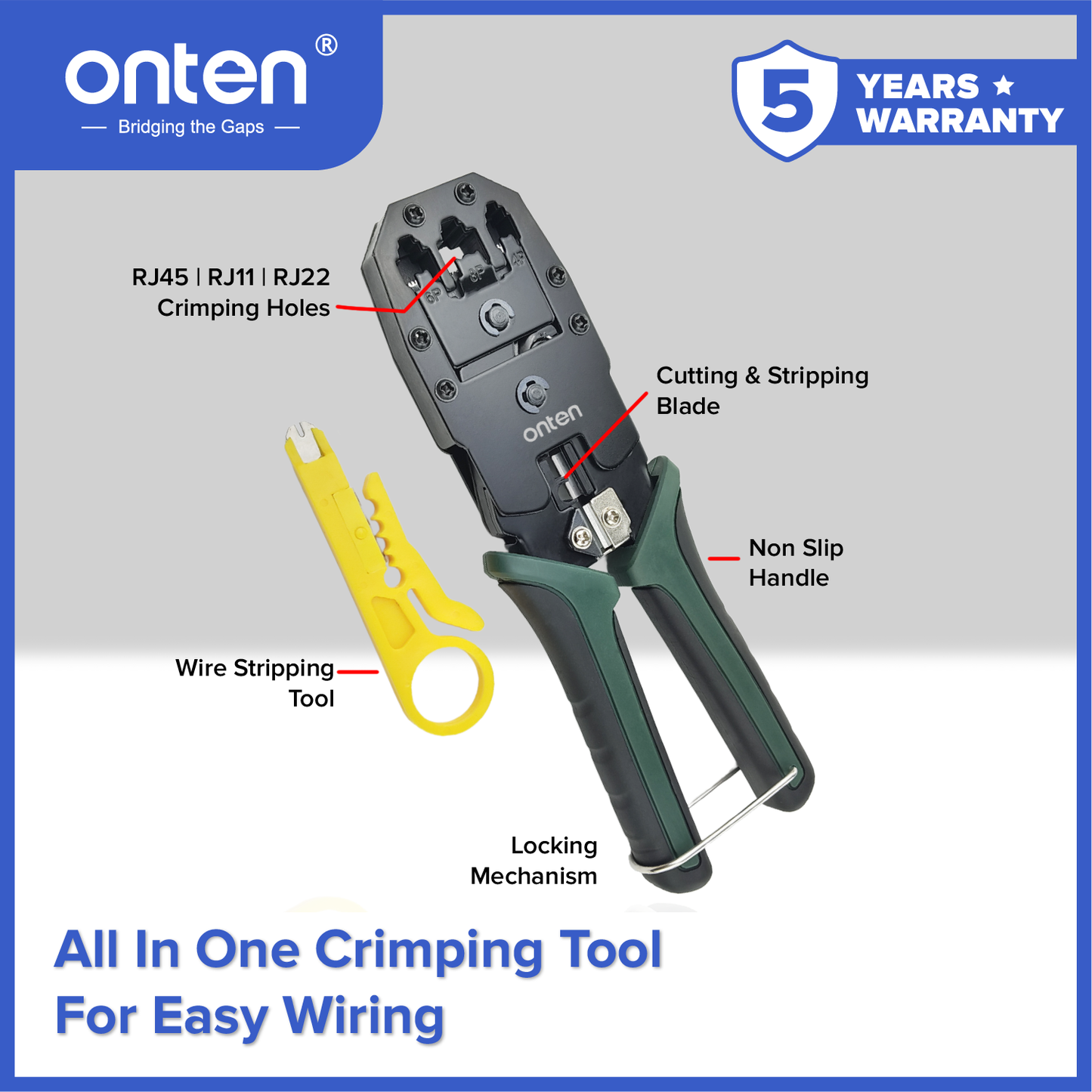 Onten Tang Crimping Tool 3in1 4P 6P 8P RJ45 RJ11 RJ22 / Ethernet Crimper OTN-E993
