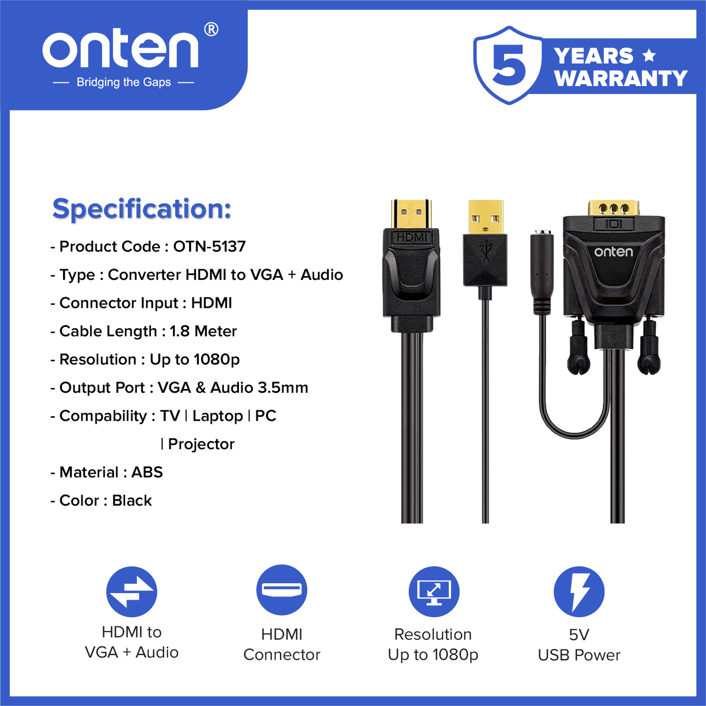 Onten Kabel HDMI To VGA + Audio Resolution Up To 1080p OTN-5137