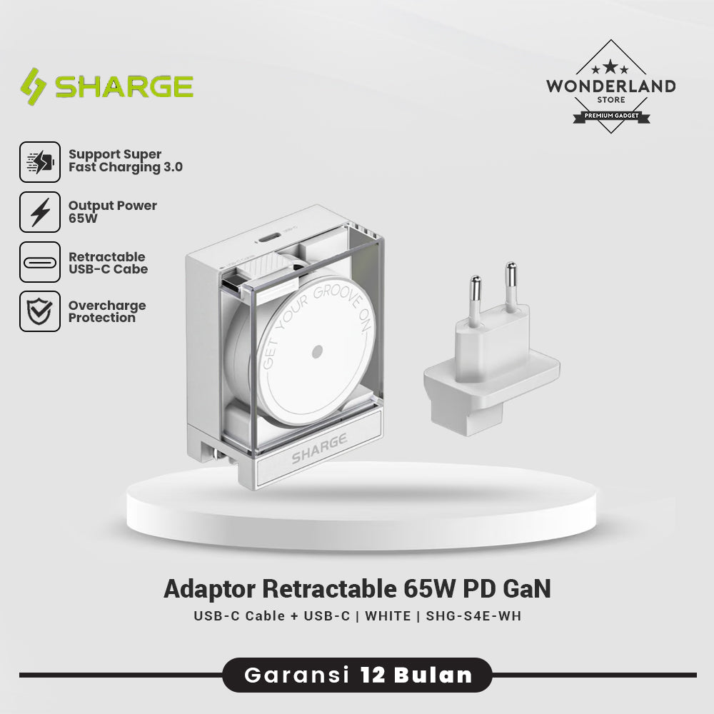 Sharge Adaptor 65W Retractable Cable Dual Port USB-C GaN PPS3.0 PD 2.0 SFC Fast Charging