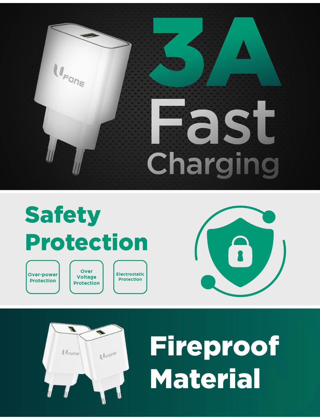 U1me x Ufone Adaptor Charger 3A 18W USB-A Fast Charging Support VOOC