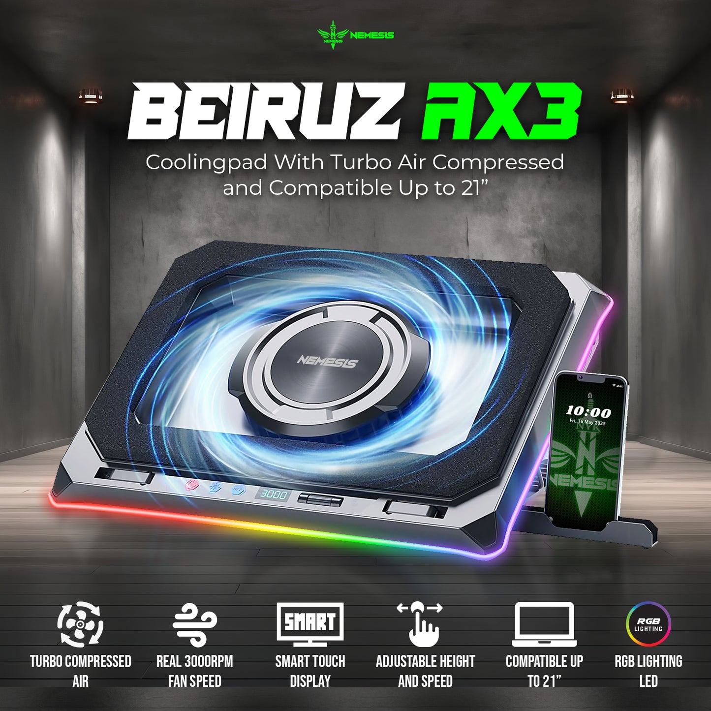 NYK Nemesis Beiruz AX3 Coolingpad Turbo Compressed Air RGB with Plate Topper