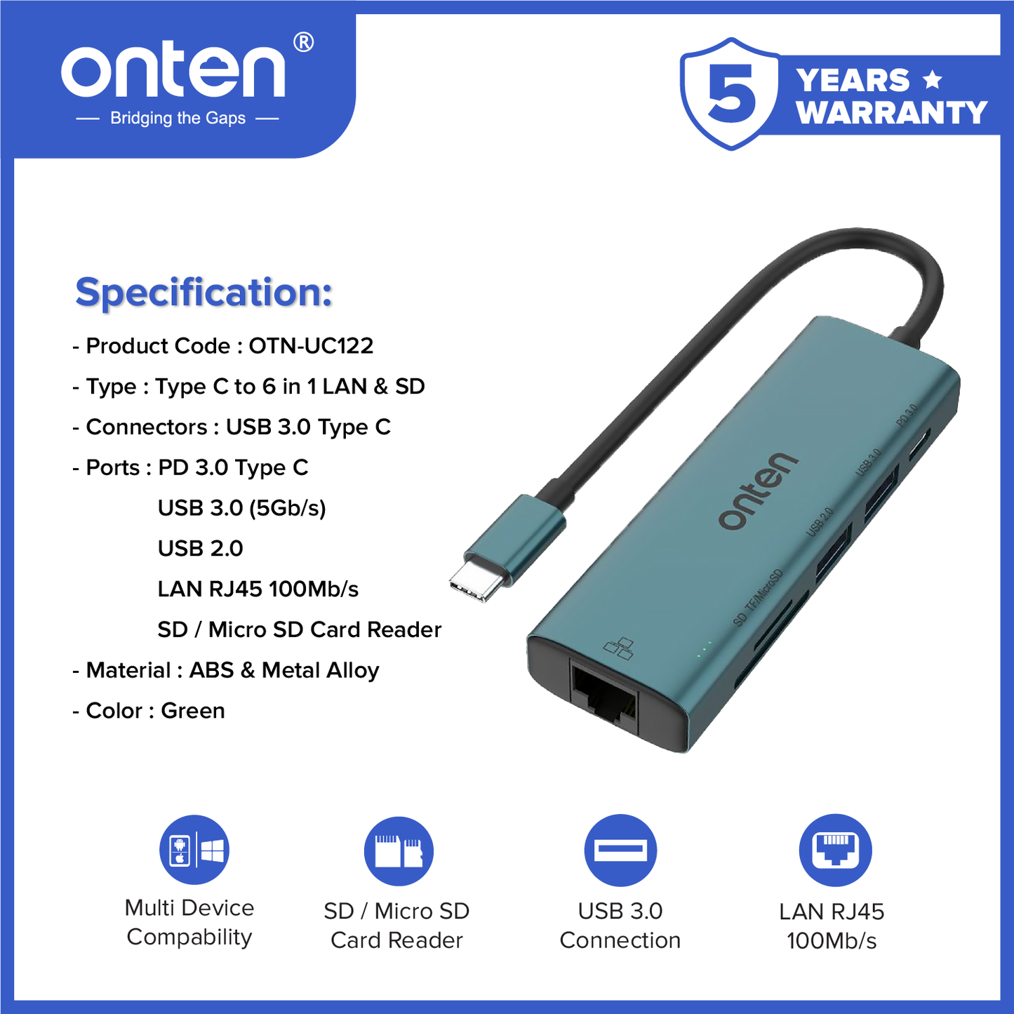 Onten Converter USB-C to 6in1 LAN RJ45 + TF/Micro SD Card Reader USB 3.0 USB 2.0 OTN-UC122