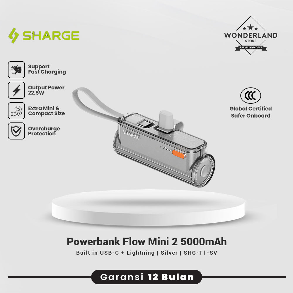 Sharge Powerbank Flow Mini 2 Duo 5000mAh Built-in USB-C + Lightning PD 22.5W Fast Charging