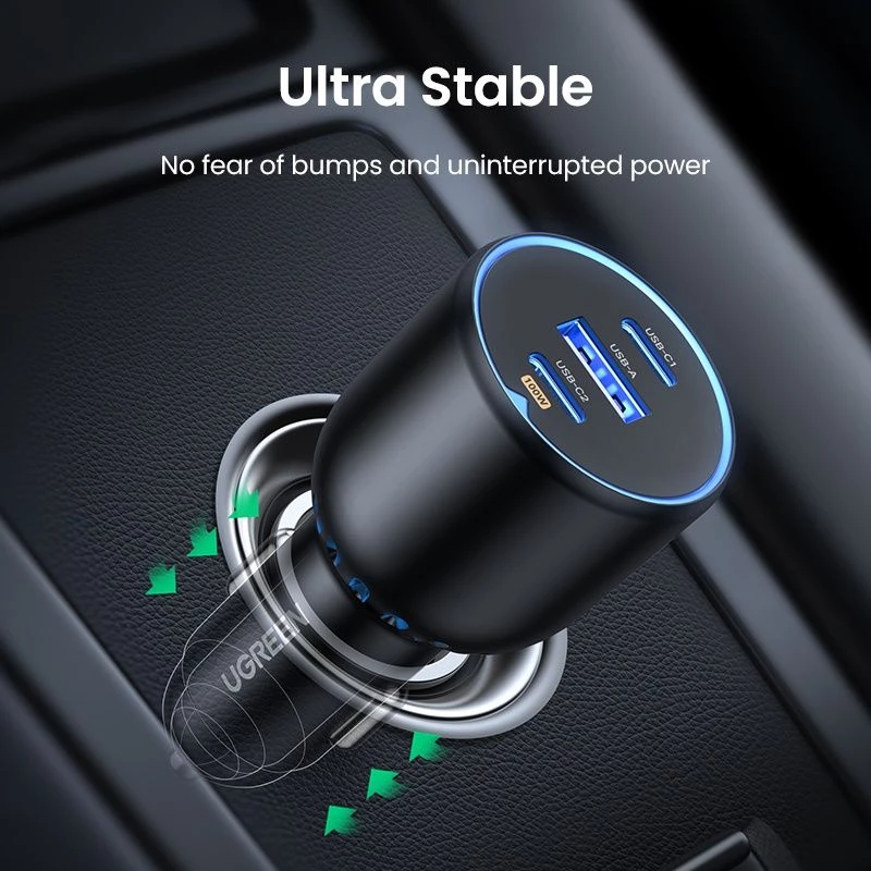 Ugreen Car Charger 130W 3 Port 2xUSB-C + 1xUSB-A 100W 30W Fast Charging