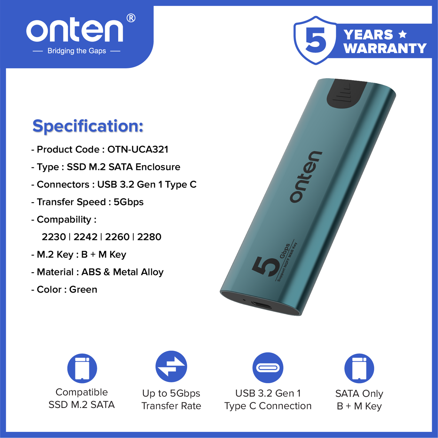 Onten Case Enclosure SSD M2 NVME NGFF SATA USB 3.2 Dual Protocol OTN-UCA321/UCA322/UCA322+