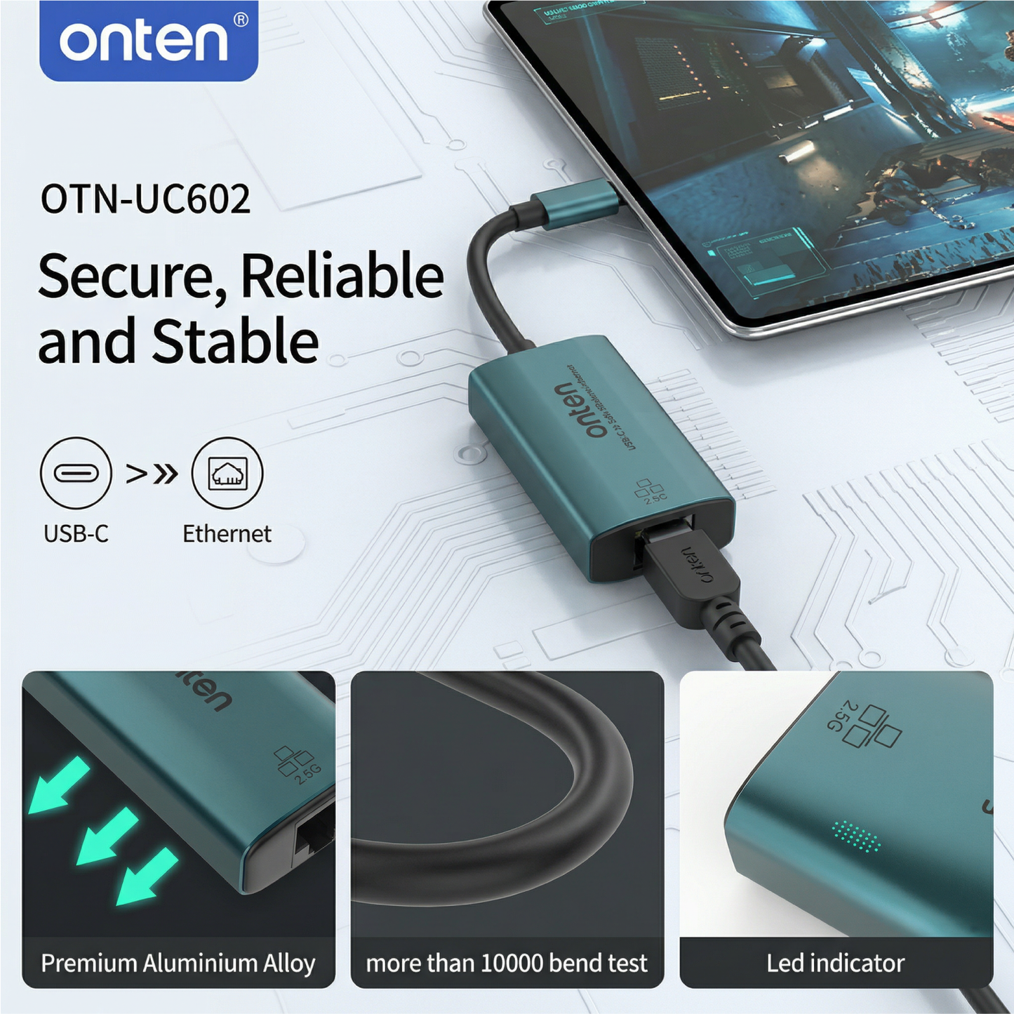 Onten Adapter USB-C to LAN RJ45 2.5GBPS High Speed Ethernet Adapter Support Mac OS Windows OTN-UC602