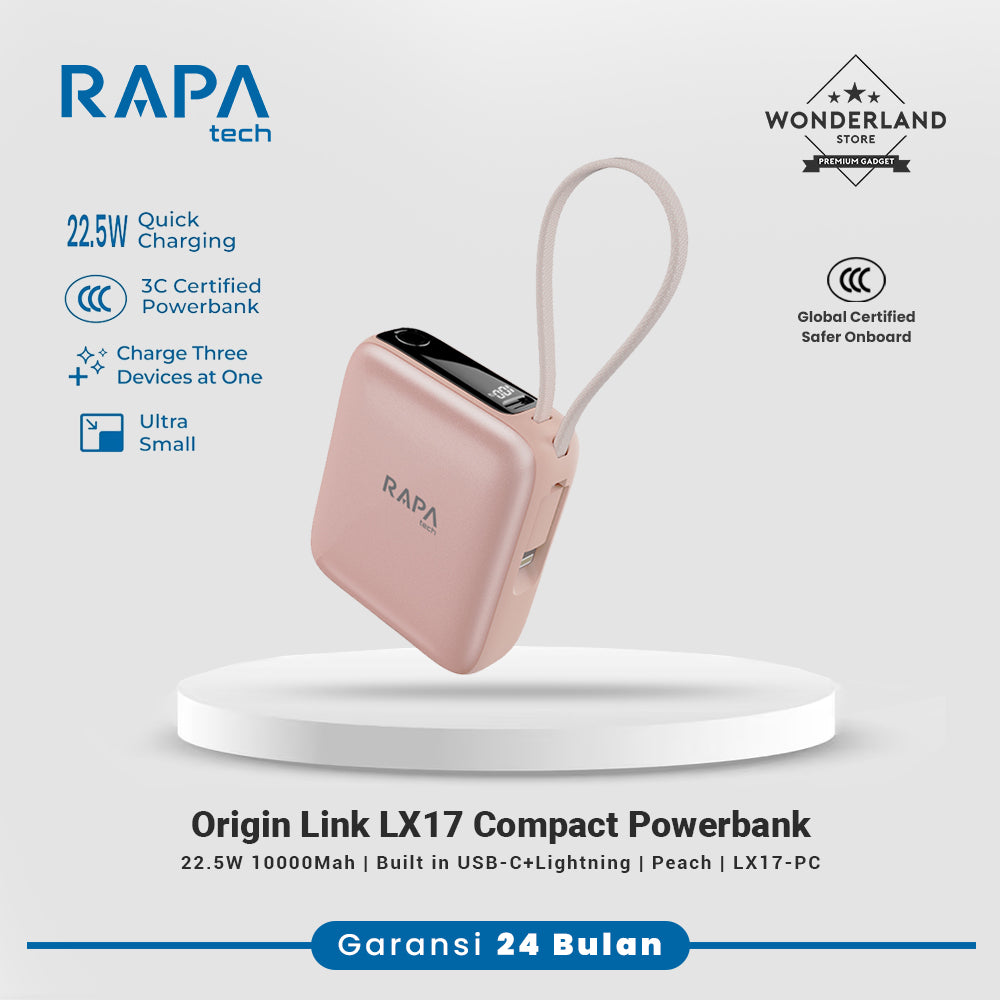 Rapatech CCC Powerbank Origin Link LX17 PD22,5W 10000Mah Ultra Mini Size Built in Dual Cable