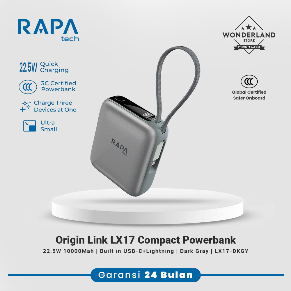 Rapatech CCC Powerbank Origin Link LX17 PD22,5W 10000Mah Ultra Mini Size Built in Dual Cable
