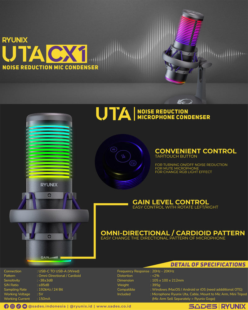 Sades Ryunix Uta CX1 / CX-1 Noise Reduction Mic Condenser Gaming Microphone Gogo XC1 Boom Arm
