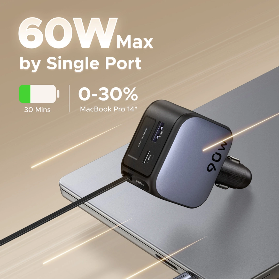 Ugreen Car Charger 90W Built in USB-C Retractable Cable Fast Charging 55909B