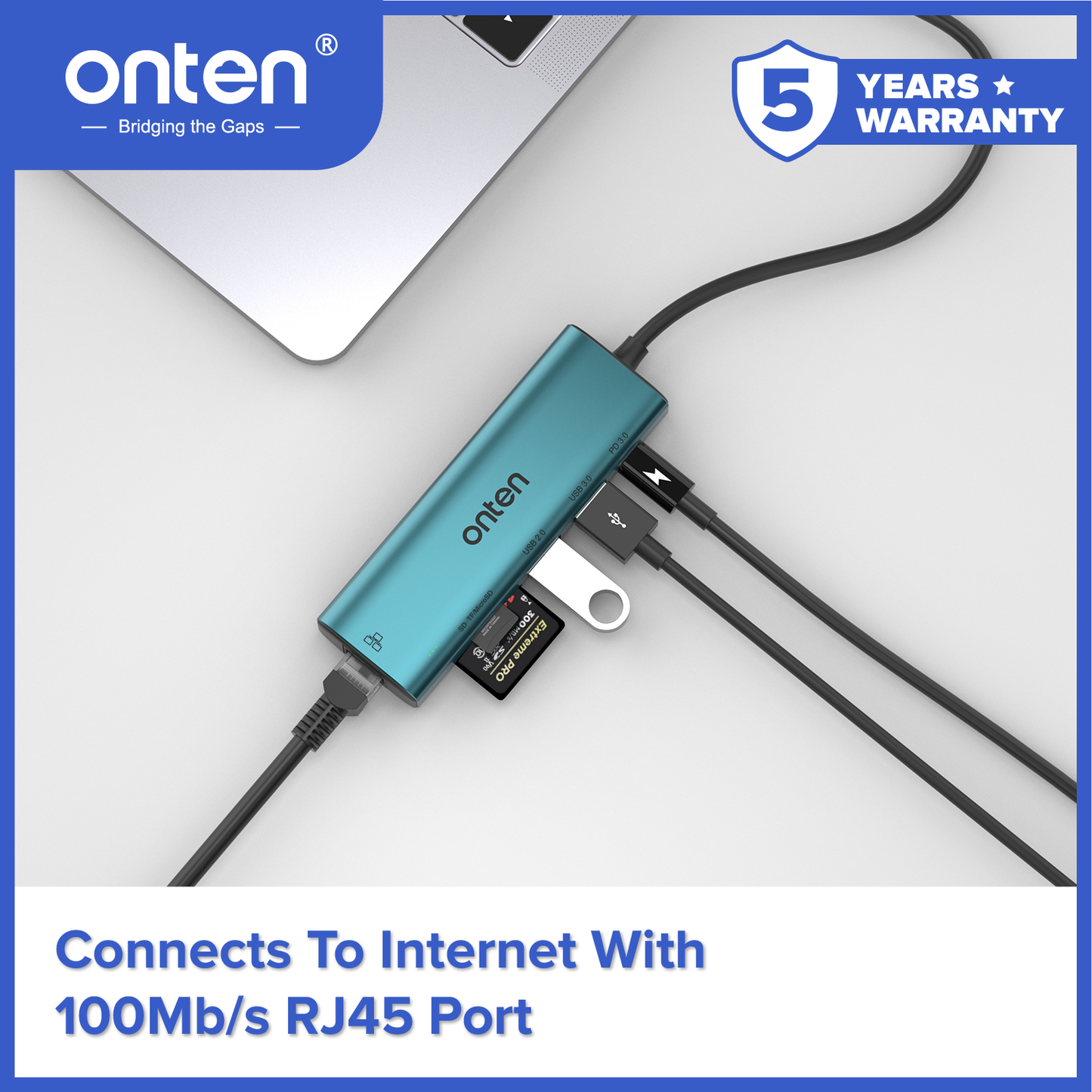 Onten Converter USB-C to 6in1 LAN RJ45 + TF/Micro SD Card Reader USB 3.0 USB 2.0 OTN-UC122