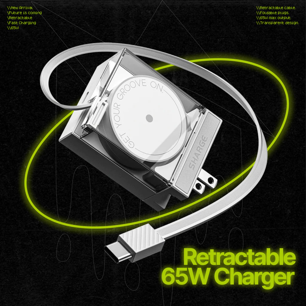 Sharge Adaptor 65W Retractable Cable Dual Port USB-C GaN PPS3.0 PD 2.0 SFC Fast Charging