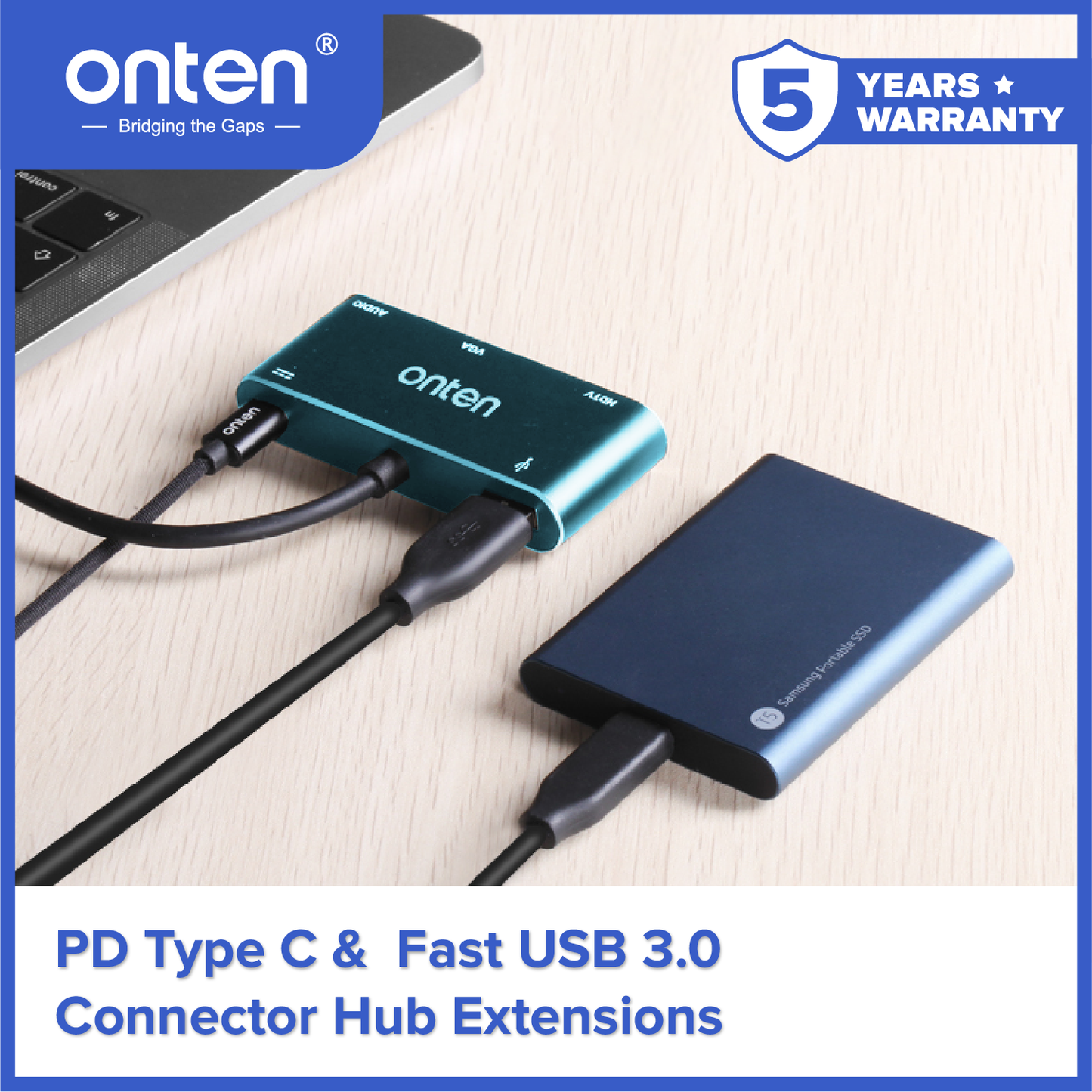 Onten Adapter USB-C 4in1 to HDMI 4K @60Hz VGA 1080P Audio PD USB HUB OTN-9573S