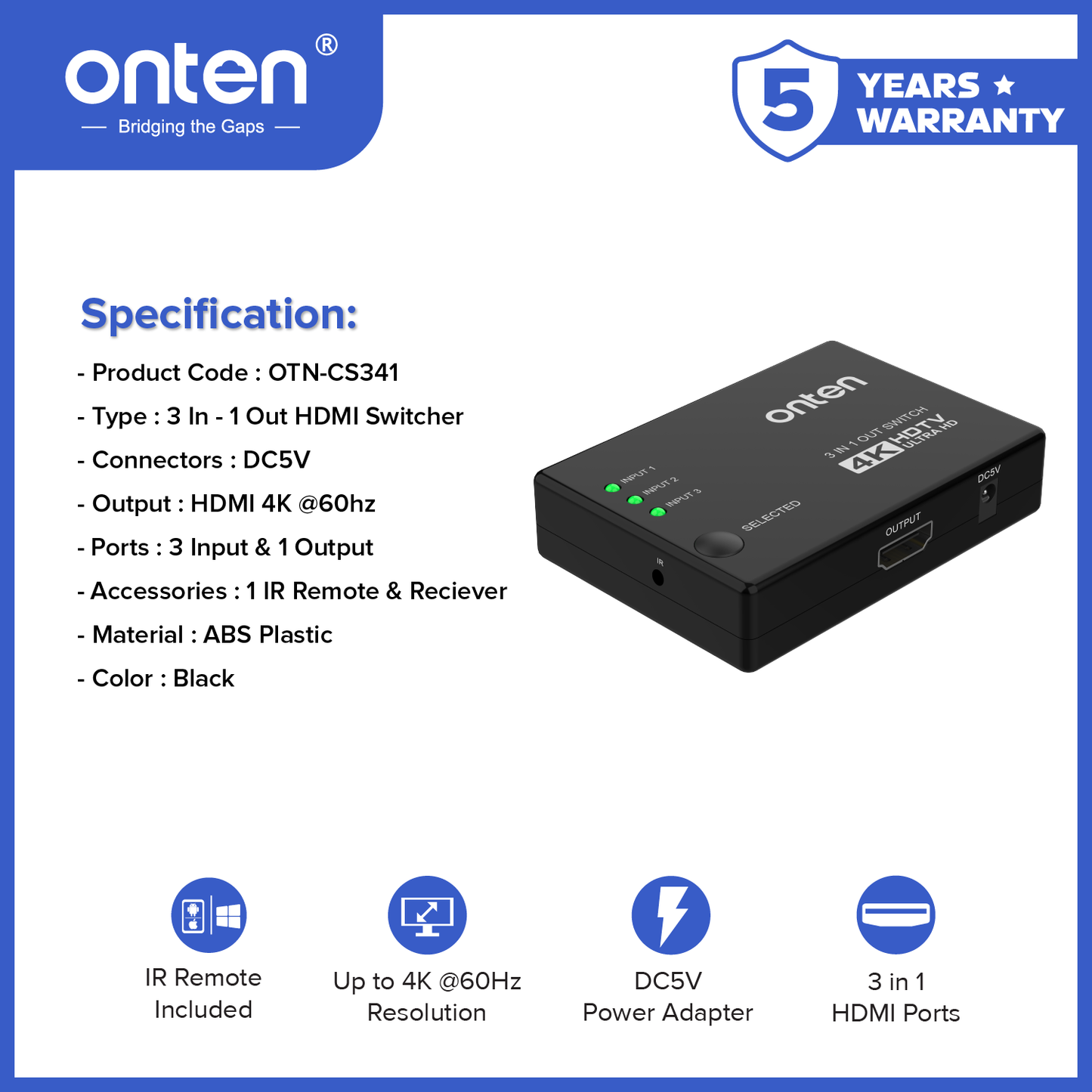 Onten Switcher 3in1 HDMI Ports Output with Remote Control HDTV 4K 60Hz Resolution OTN-CS341