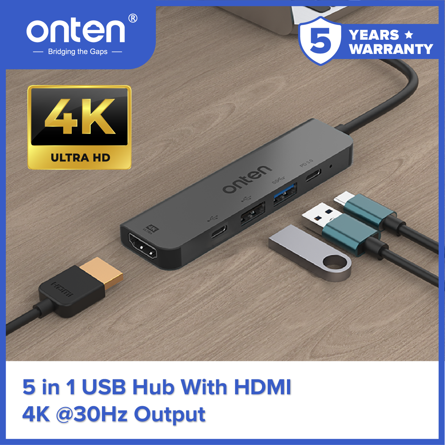 Onten Converter USB HUB USB-C 5in1 to HDMI+USB-C+PD3.0 USB-C Converter OTN-UC905S