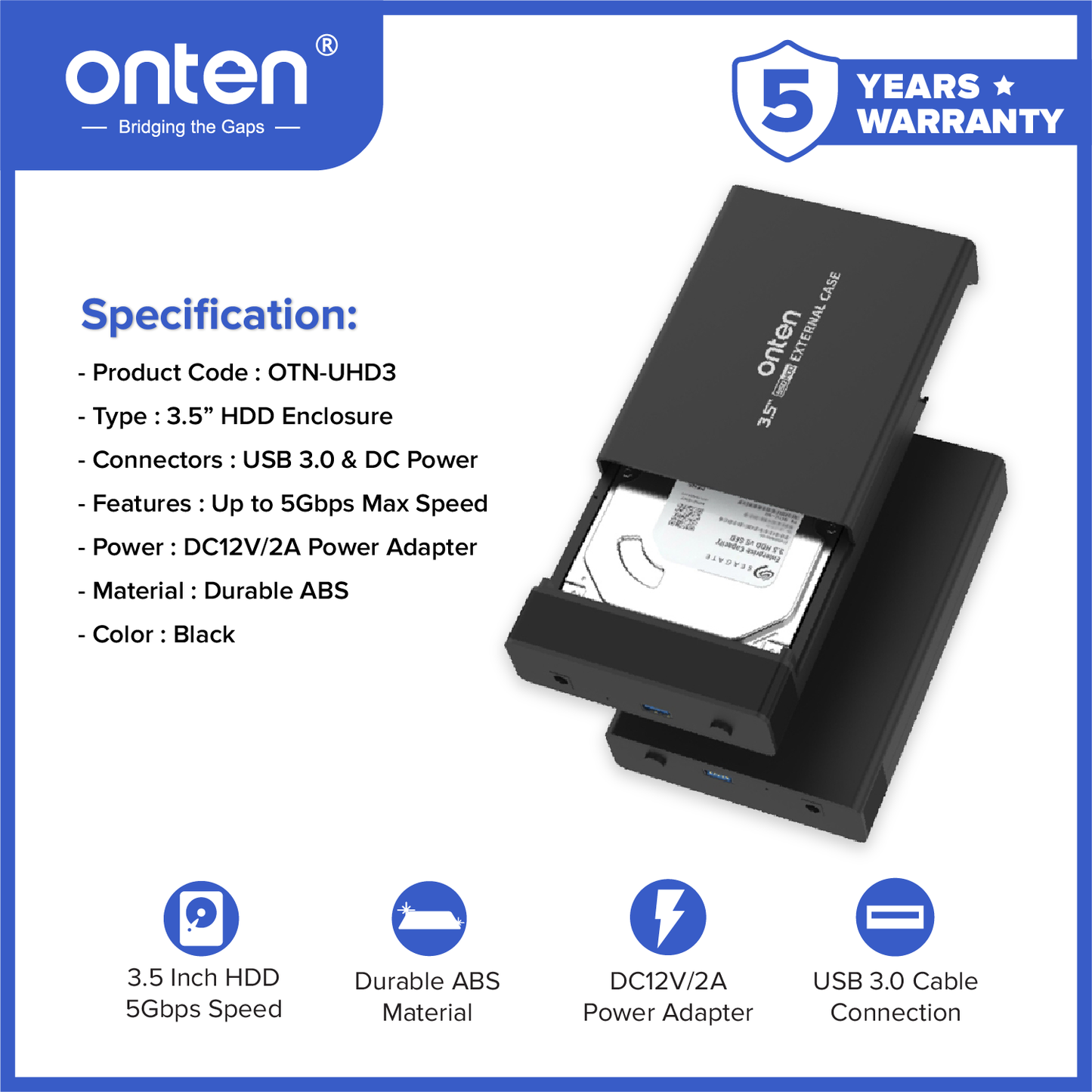 Onten External Casing 3.5 HDD SATA V.3.0 5Gbps For HDD/SSD Enclosure OTN-UHD3