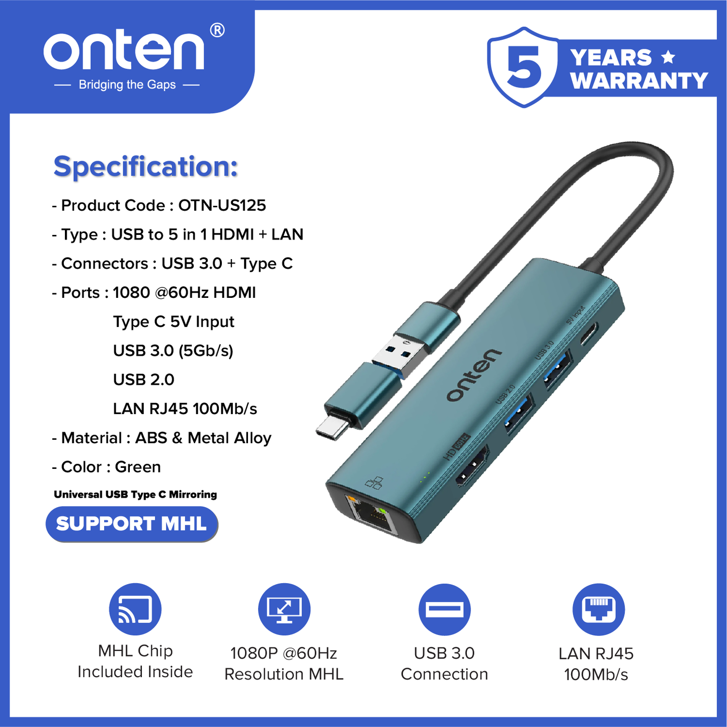 Onten Converter USB 3.0 to 5in1 LAN RJ45 + HDMI + USB for Extend Duplicate Monitor Layar OTN-US125
