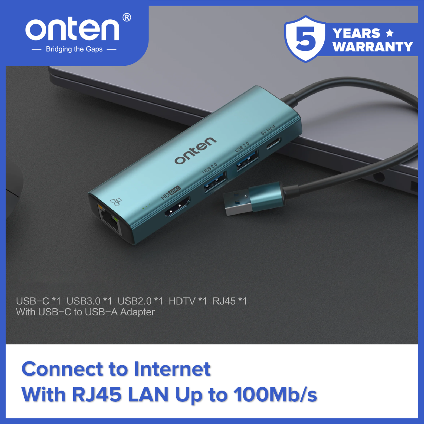 Onten Converter USB 3.0 to 5in1 LAN RJ45 + HDMI + USB for Extend Duplicate Monitor Layar OTN-US125