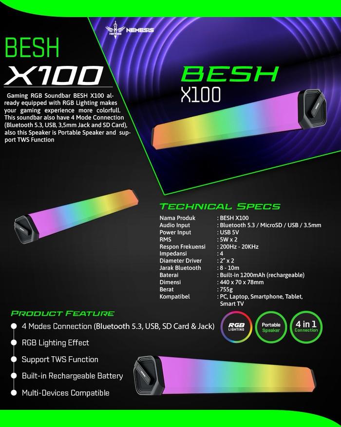 NYK Nemesis BESH X100 / X-100 Soundbar Speaker Bluetooth Portable RGB