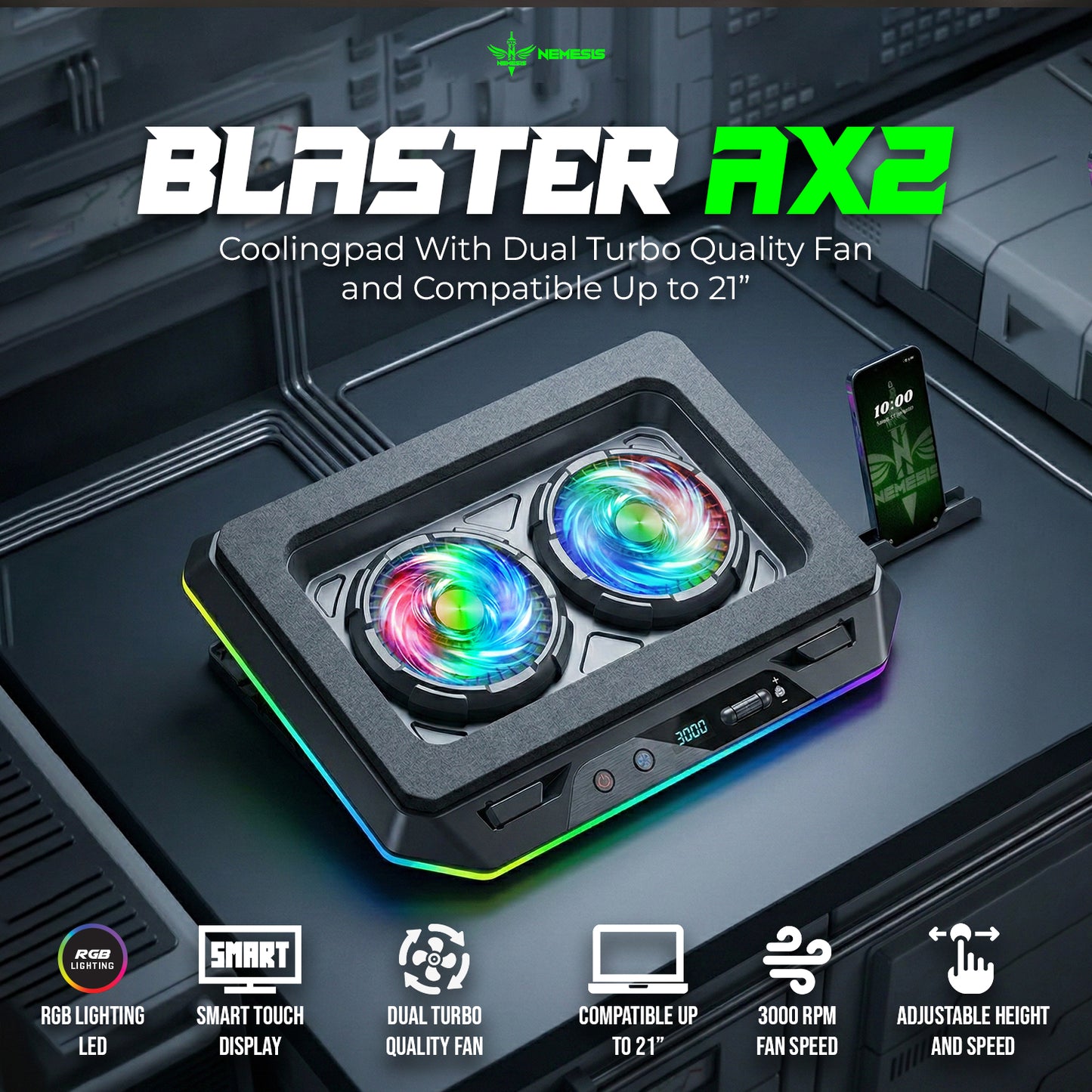Nemesis Coolingpad Blaster AX2 RGB Dual Turbo 3000RPM with Digital Display NC-NAX2