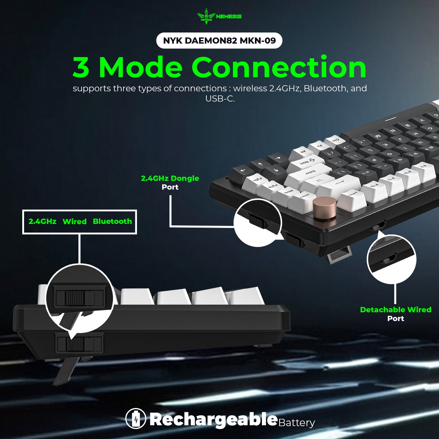 NYK Nemesis Daemon82 Gaming Keyboard 3in1 Connection Hotswap 5pin MKN09