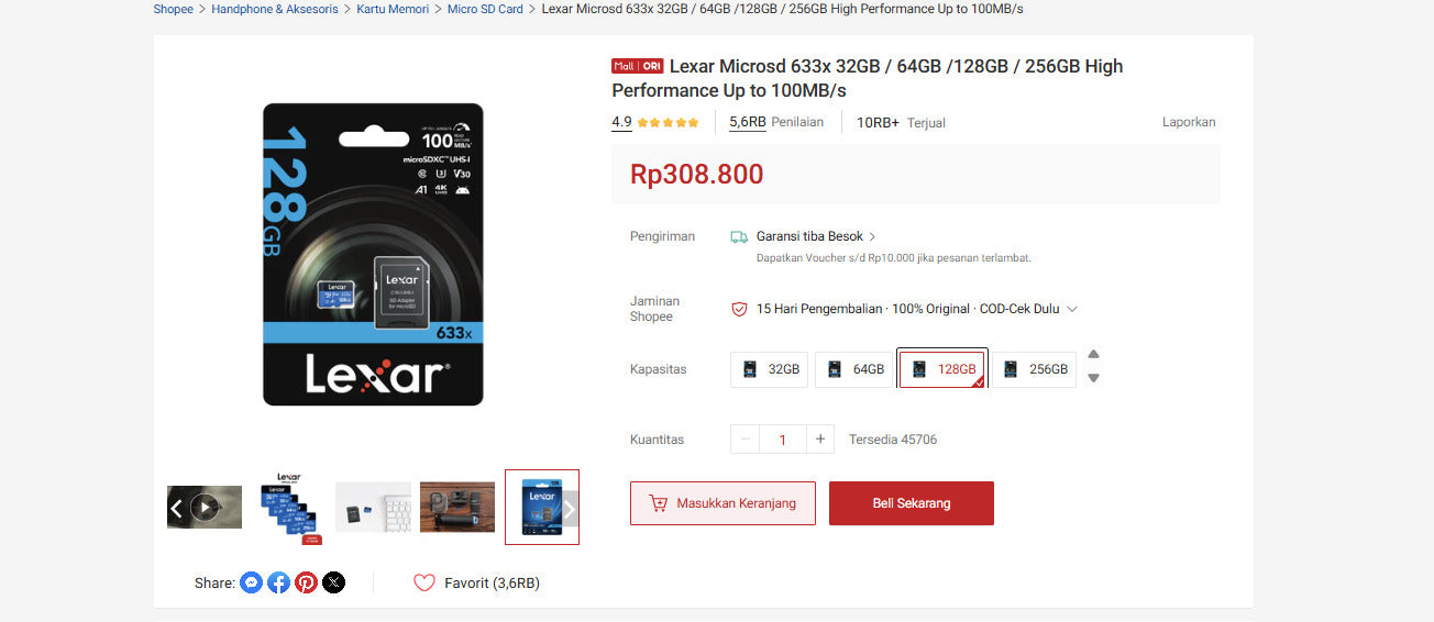 Lexar Microsd 633x 32GB / 64GB /128GB / 256GB High Performance Up to 100MB/s