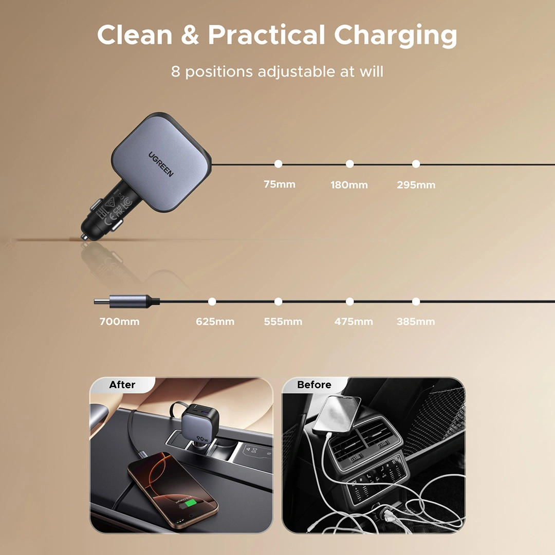 Ugreen Car Charger 90W Built in USB-C Retractable Cable Fast Charging 55909B